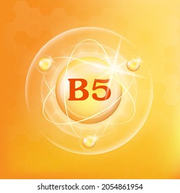 Vitamin B5 icon structure yellow substance. Medicine health symbol of thiamine. Drug business concept. 3D Vitamin complex with chemical formula. Personal care, beauty concept. Vector Illustration.