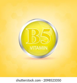 Vitamin B5 icon structure yellow substance. Personal care, beauty concept. Medicine health symbol of thiamine. Drug business concept. 3D Vector Illustration. Vitamin complex with chemical formula.