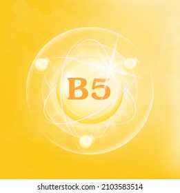 Vitamin B5 icon structure yellow substance. 3D Vector Illustration. Medicine health symbol of thiamine. Drug business concept. Vitamin complex with chemical formula. Personal care, beauty concept.