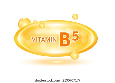 Vitamina B5 y complejo de minerales. Cápsulas de vitaminas brillante. Píldora, suplemento alimenticio saludable. Concepto médico científico y sanitario. Aislado sobre el fondo blanco Vector 3D EPS10.