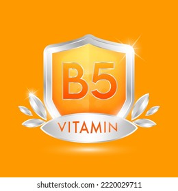 Vitamin B5 in orange glass shield transparent. Protection body stay healthy. For nutrition products food. Shield aluminum and leaf silver label sticker icon 3d isolated realistic. Vector illustrator.