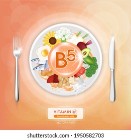 Vitamin B5  orange icons benefits and sources. Healthy food of vitamins fruits, vegetables are placed on plates with knives and forks on the side, Top view.  3D Vector EPS10 illustration