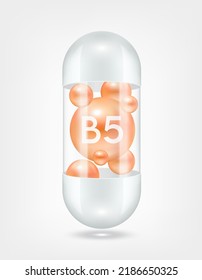 Vitamin B5 orange inside capsule pill transparent white. Health care beauty enhancement neutralize free radicals. Used for nutrition products food template design. 3D Realistic Vector EPS10.