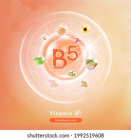 Vitamin B5, Orange pill capsule. Vitamin complex with Chemical formula. Fruits and vegetables that neutralize free radicals. Anti aging beauty enhancement concept and health care medical. 3D Vector.