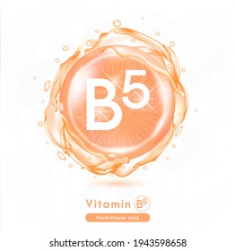 Vitamin B5, Orange shining pill capsule. Vitamin complex with Chemical formula.  Meds for health ads. Beauty treatment nutrition skin care design. Vector illustration.