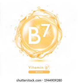 Vitamin B5, Orange shining pill capsule. Vitamin complex with Chemical formula.  Meds for health ads. Beauty treatment nutrition skin care design. Vector illustration.