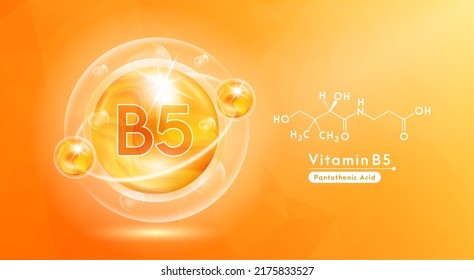 Vitamin B5 orange and structure. Pill vitamins complex and bubble collagen serum chemical formula. Beauty treatment nutrition skin care design. Medical and scientific concepts. 3D Vector EPS10.