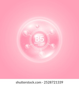 Vitamin B5 pantothenic acid molecule pink. Collagen vitamins complex from nature. For beauty skin care cosmetic advertising. Medical scientific concepts. 3D Vector EPS10.