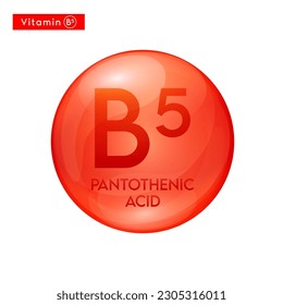 Vitamin B5 (Pantothenic Acid) red icon 3D. Essential multivitamin supplement. Beauty nutrition skincare. Pill capsule vitamins complex. For cosmetic product design. Medical concept. Vector.