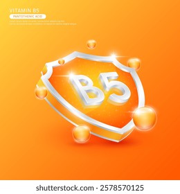 Vitamin B5 or Pantothenic acid in silver shield shape and orange atom. Protect the body stay healthy. Used for nutrition products food. Medical scientific concepts. Isolated 3D Vector EPS10.