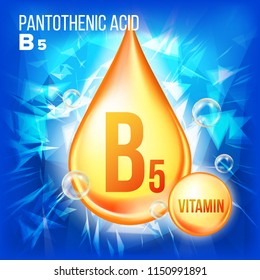 Vitamin B5 Pantothenic Acid Vector. Gold Oil Drop Icon. Organic Gold Droplet Icon. Liquid, Golden Substance. Beauty, Cosmetic Ads Design. Drip Complex, Chemical Formula. Illustration
