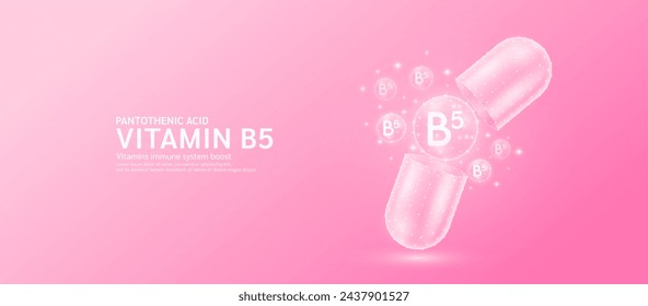 Vitamin B5 pill drug capsule open with pink bubble ball float out in style polygon. Collagen and minerals antibiotic supplement essential health care. Medical and pharmacy concept. Banner vector.