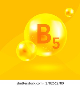 Vitamin B5 premium icon. 
Bright shiny capsule. Gold oil treatment sign. Vector.