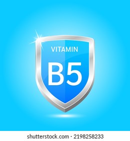 Escudo de vitamina B5 con átomo azul, una flecha hacia arriba. Proteger el cuerpo para mantenerse sano, protegerse de los productos químicos que entran en el cuerpo. Para alimentos de productos nutritivos. Conceptos científicos médicos. Ilustración vectorial 3D.