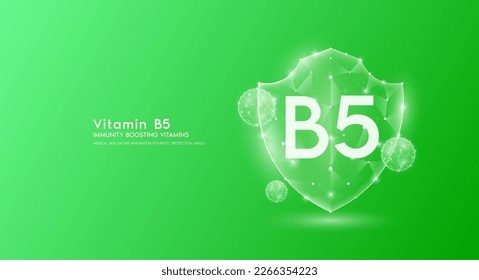 Protector de vitamina B5 verde translúcido poligonal. Vitaminas de refuerzo inmunológico. La innovación médica protege su cuerpo sano. Escuche la protección futurista moderna del triángulo de popa bajo. Vector de pancarta.