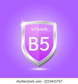 Vitamin B5 shield with purple atom. Vector illustration 3D. Protect body stay healthy, protection from chemicals entering body. For nutrition products food. Medical scientific concept. Drug business.