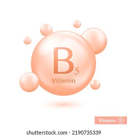 Vitamin B5 shining pill capsule icon. Vitamin complex molecule, group B, Pantothenic acid. Essence drop. Meds for heath ads. Vector illustration