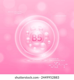 Vitamin B5 solution pink and chemical structure of pantothenic acid. Water-soluble vitamins. Collagen serum hyaluronic acid with antioxidants for brighter skin. Cosmetic beauty nutrition. Vector.