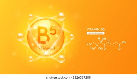 Vitamina B5 con fórmula química de estructura. Complejo de vitaminas y naranja de colágeno de burbujas para el diseño cosmético. Tratamiento de belleza nutrición cuidado de la piel. Conceptos médicos. Vector 3D.