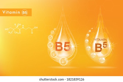 Vitamin B5 and structure. Medicine capsule, Golden substance.  illustration vector EPS10.