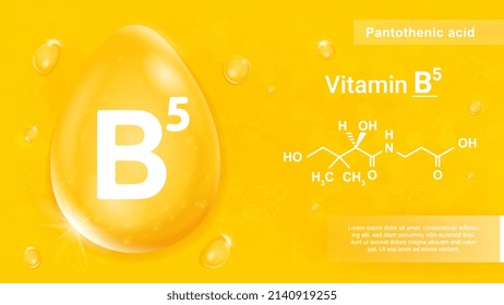 Vitamin B5 yellow. Chemical formula of useful macronutrients. Health care and special food supplements. Organic and natural products, vegetarian diet, isometric drop. Cartoon vector illustration