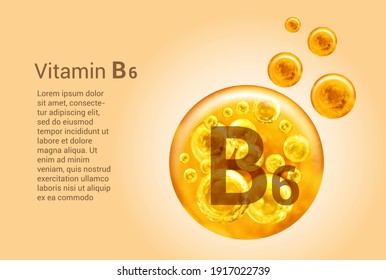 Vitamin B6. Baner with vector images of golden balls with oxygen bubbles. Health concept.  