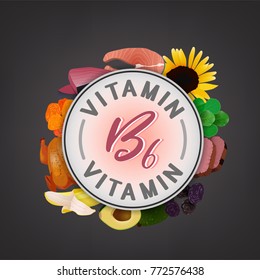 Vitamin B6 banner. Beautiful vector illustration with caption lettering and top foods highest in vitamin E isolated on a dark grey background. Useful for leaflet, brochure or poster design