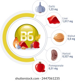 Vitamin B6 capsule with food icons. Nutrition infographic with Pyridoxine pill, fish, meat, bean, walnut and garlic. Icons of vitamin B6 and healthy food, vector cartoon illustration