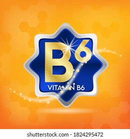Vitamin B6 concept label in golden letters in blue frame on orange. Vector EPS10