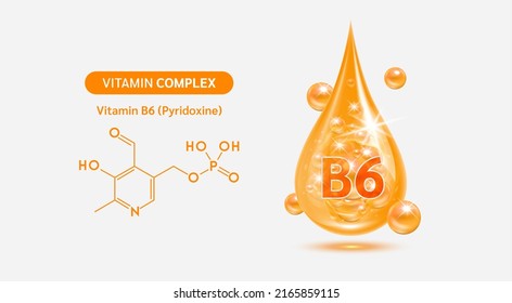Vitamin B6 drop and structure isolated on white background. Vitamin solution complex orange balls with bubbles. Beauty treatment nutrition skin care design. Medical scientific concepts. 3D vector.