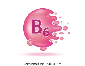 Vitamina B6 gotea agua. Complejo de vitamina de la naturaleza. Tratamiento de belleza nutrición diseño de cuidado de la piel. Concepto médico y científico. Cápsula de píldora púrpura aislada sobre fondo blanco. Vector Realista 3D.