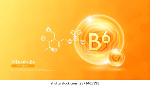 Vitamin B6 essential supplement to the health body. Orange vitamins complex and chemical formula structure. Minerals collagen serum. Beauty nutrition skin care design or cosmetic. 3D vector.