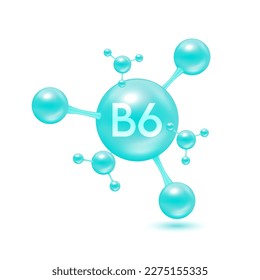 Vitamin B6 in the form of atoms molecules blue glossy. Icon 3D isolated on white background. Minerals vitamins complex. Medical and science concept. Vector EPS10 illustration.