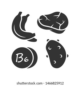 Vitamin B6 glyph icon. Meat, banana and potato. Healthy eating. Pyridoxine natural food source. Proper nutrition. Mineral, antioxidants. Silhouette symbol. Negative space. Vector isolated illustration