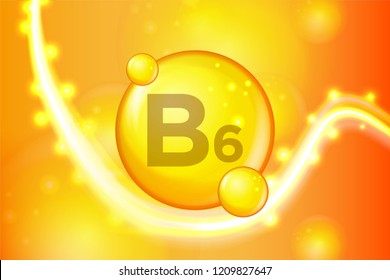 Vitamin B6 gold shining pill capsule icon . Vitamin complex with Chemical formula. shine gold sparkles. medical and pharmaceutical ads. Vector illustration