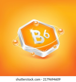 Vitamin B6 in hexagon shape and orange atom. Used for nutrition products food. Medical scientific concepts. Isolated 3D Vector EPS10 illustration.