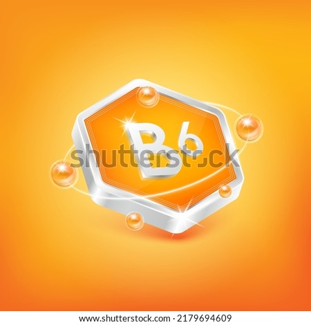 Vitamin B6 in hexagon shape and orange atom. Used for nutrition products food. Medical scientific concepts. Isolated 3D Vector EPS10 illustration.