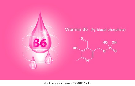 Vitamin B6 Icon structure drop water collagen pink dark. 3D Realistic Vector. Medical, scientific concepts. Beauty treatment nutrition skin care design. Solution complex with Chemical formula nature.