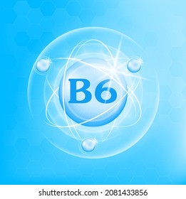 Estructura del icono de vitamina B6 sustancia azul claro. Concepto de negocio de drogas. Símbolo médico de la tiamina. Ilustración de vectores 3D. Complejo de vitamina con fórmula química. Cuidados personales, concepto de belleza.