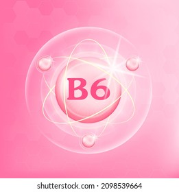 Vitamin B6 icon structure light pink substance. Medicine health symbol of thiamine. Drug business concept. Vector Illustration. 3D Vitamin complex with chemical formula. Personal care, beauty concept