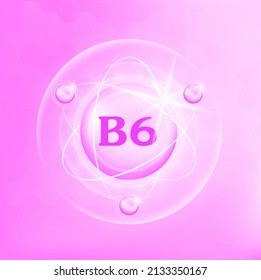 Vitamin B6 icon structure light pink purple, white . Medicine health symbol of thiamine. 3D Vector Illustration. Complex with chemical formula. Personal care, beauty. Drug business concept.