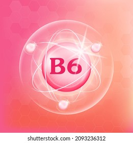Vitamin B6 icon structure pink yellow substance. Medicine health symbol of thiamine. Vector Illustration. 3D Vitamin complex with chemical formula. Personal care, beauty concept. Drug business concept