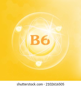 Vitamin B6 icon structure yellow substance. 3D Vector Illustration. Medicine health symbol of thiamine. Drug business concept. Vitamin complex with chemical formula. Personal care, beauty concept.
