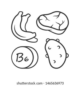 Vitamin B6 linear icon. Meat, banana and potato. Healthy eating. Pyridoxine natural food source. Thin line illustration. Contour symbol. Vector isolated outline drawing. Editable stroke