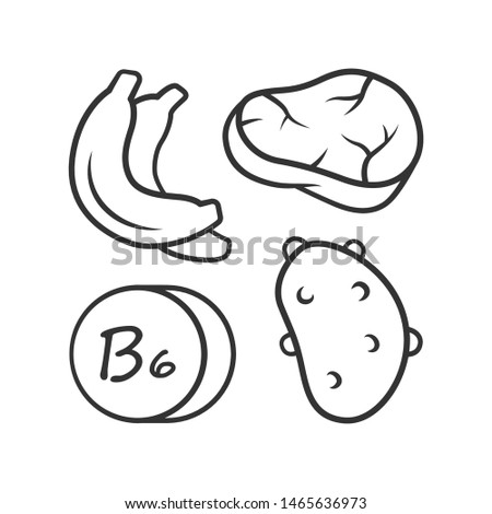 Vitamin B6 linear icon. Meat, banana and potato. Healthy eating. Pyridoxine natural food source. Thin line illustration. Contour symbol. Vector isolated outline drawing. Editable stroke