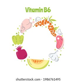 Vitamin B6 main food sources: cabbage, fish, meat, nuts, milk. Vector illustration in a hand-drawn style. Perfect for pharmacological or medical poster, flyer, banner.