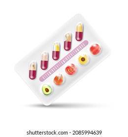 Vitamin B6. Medicine capsule fruits and vegetables that neutralize free radicals. Anti aging beauty enhancement concept and health care. 3D vector EPS10.