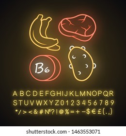 Vitamin B6 neon light icon. Meat, banana and potato. Healthy eating. Pyridoxine natural food source. Proper nutrition. Glowing sign with alphabet, numbers and symbols. Vector isolated illustration
