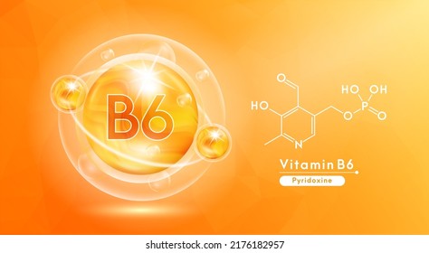 Vitamin B6 orange and structure. Pill vitamins complex and bubble collagen serum chemical formula. Beauty treatment nutrition skin care design. Medical and scientific concepts. 3D Vector EPS10. - Shutterstock ID 2176182957