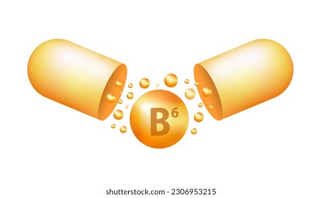 Vitamin b6 pill icon. Pyridoxine nutrition care. Gold drop essence. Isolated golden vector symbol of b6 vitamin medicine. Meds for heath ads. Beauty and health concept. Capsule. Vector illustration